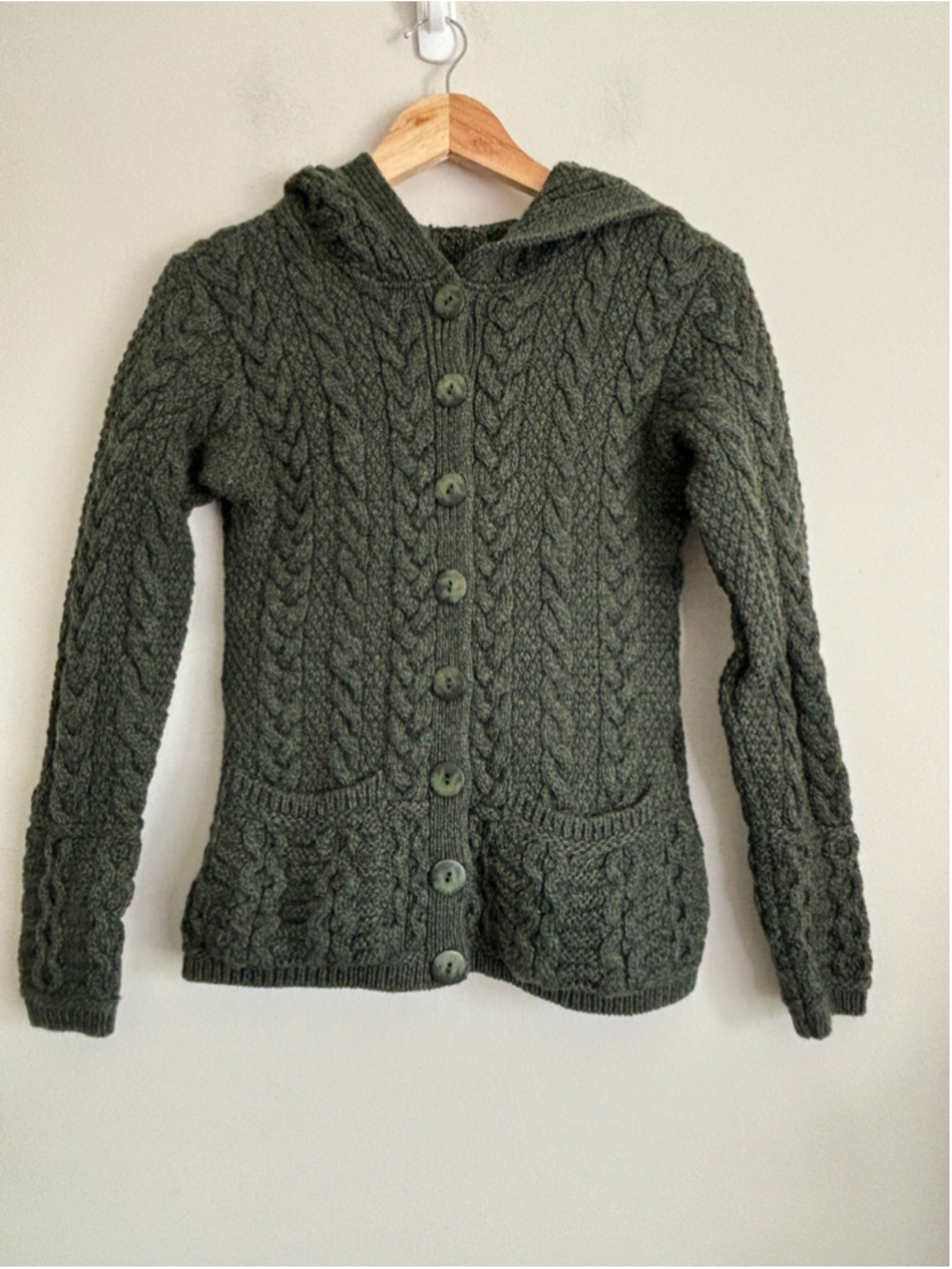 100% Merino Wool Cable Knit Fisherman Hooded Cardigan Sweater Green Size Small